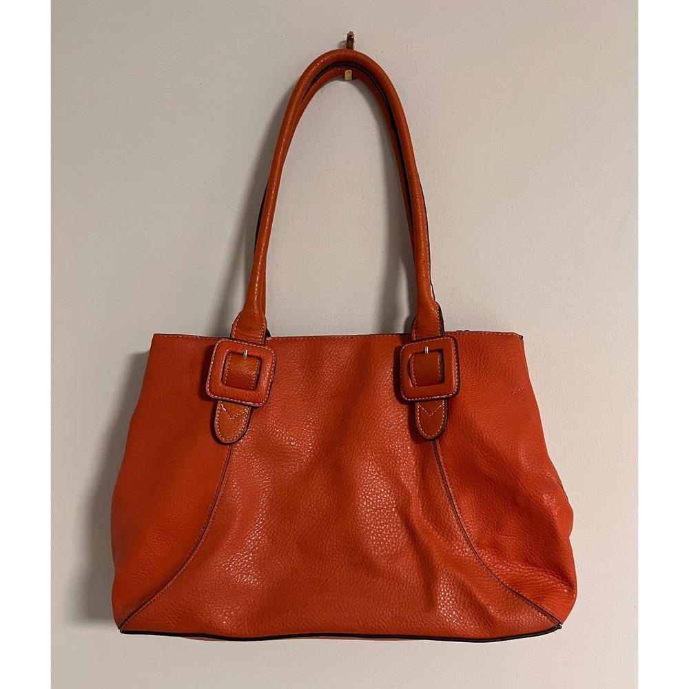 Liz Claiborne Orange Pebbled Leather Buckle Tote Bag Triple Compartment